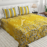 3 Pcs Cotton Bedsheet- yellow leaf (Premium)