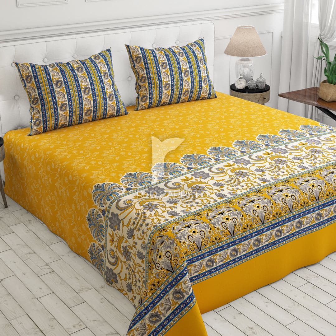 3 Pcs Cotton Bedsheet- one side yellow (Premium)