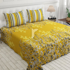 3 Pcs Cotton Bedsheet- yellow leaf (Premium)