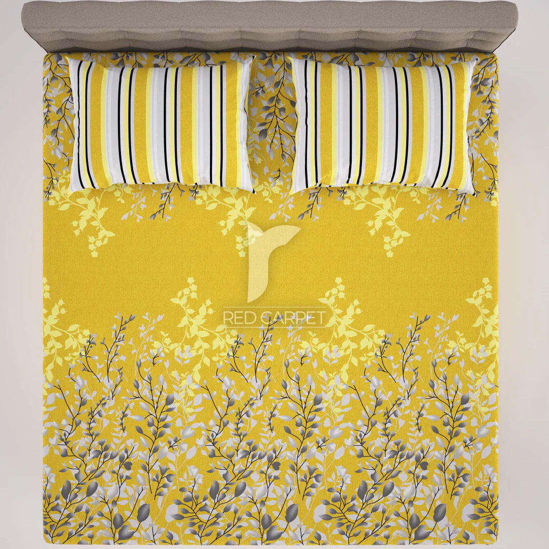 3 Pcs Cotton Bedsheet- yellow leaf (Premium)