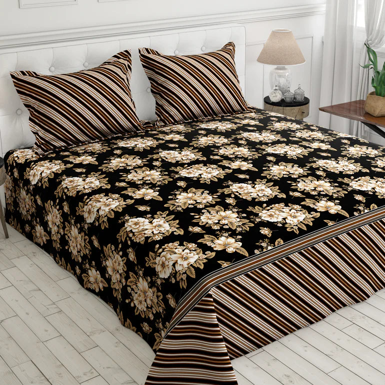 3 Pcs Cotton Bedsheet- Black flor (Premium)