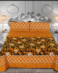 3 Pcs Cotton Bedsheet-Yellow Leaf (Premium)