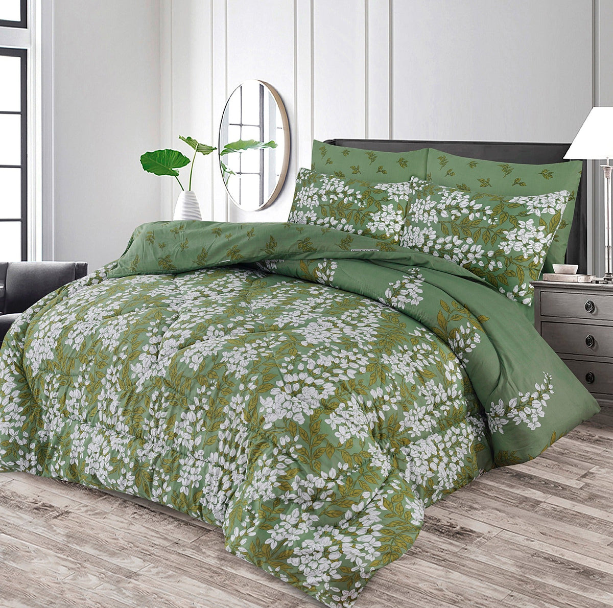 Double Bed 6 pc Winter Razai Set (Heavy Filling) RZ-Green Leaf